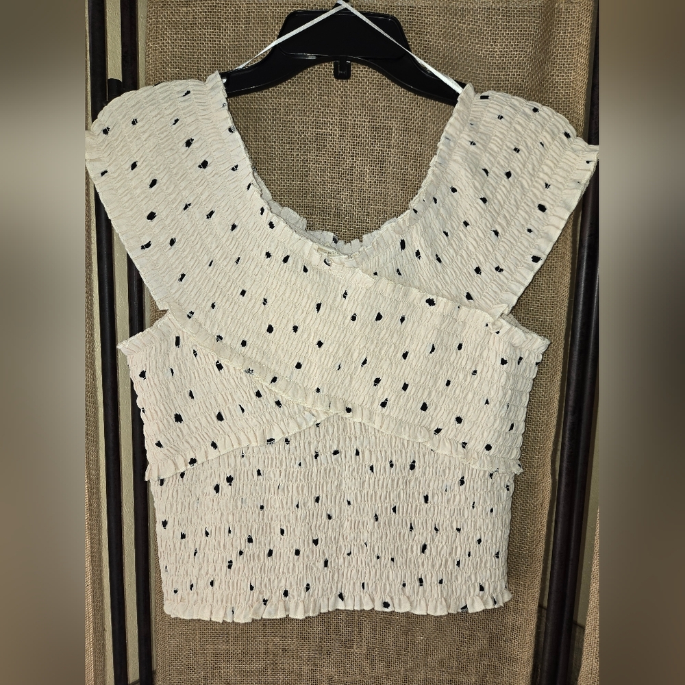 EUC Women's Melloday Pale Pink Black Dot Ruched Top Size XL - Picture 6 of 6